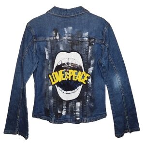 JUST BITTEN SJP PEACE LOVE SEQUIN BACK DENIM JEAN JACKET - LIKE NEW - SIZE SMALL